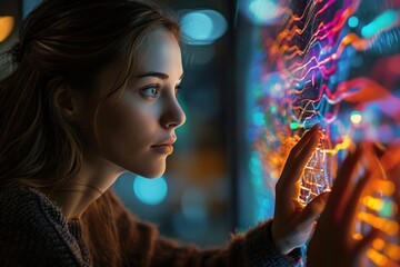 A focused young woman interacts with a vibrant digital interface, displaying a colorful spectrum of flowing data streams, highlighting her engagement in a technologically environment, Generative AI