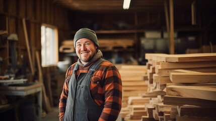 Caucasian carpenter looking at camera with confidence in factory.