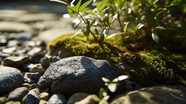  a close up of rocks and plants with water in the background and a blurry image of rocks and plants in the foreground with water in the foreground.