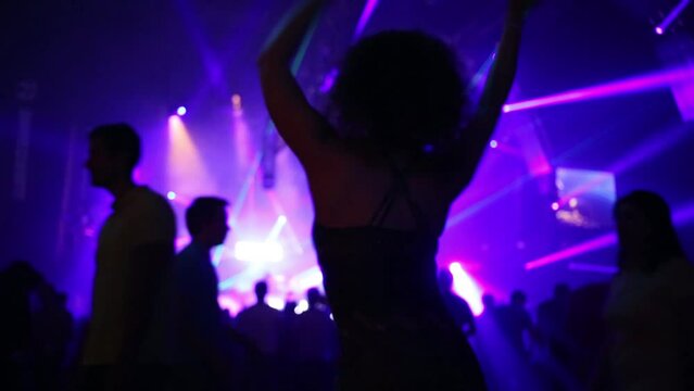 Back of young woman dancing in crowd in night club during party