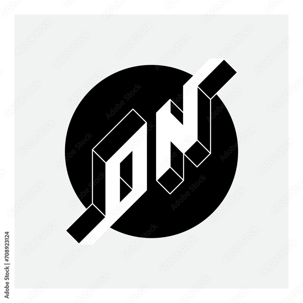 Poster three-dimension letters o and n on a round substrate. isometric 3d font for design. on - monogram or