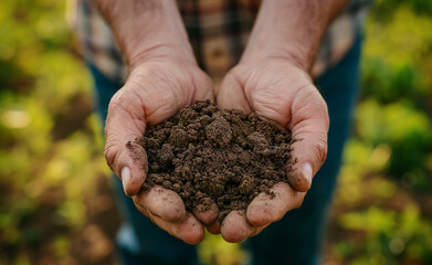 Farmer holding soil in hands close-up.