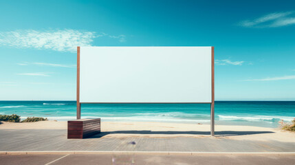 horizontal mockup large blank billboard on a beach with clear blue sky and turquoise ocean waves in the background. Travel and tourism advertisements, summer events announcements
