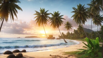 Fototapeta na wymiar photo of sunrise view on the beach with white sand and beautiful coconut trees made by AI generative