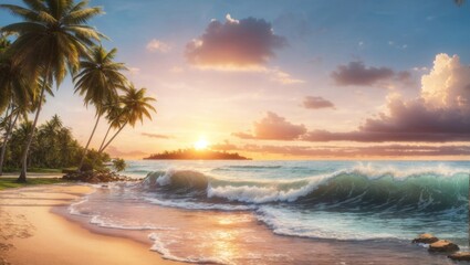 photo of sunrise view on the beach with white sand and beautiful coconut trees made by AI generative - Powered by Adobe