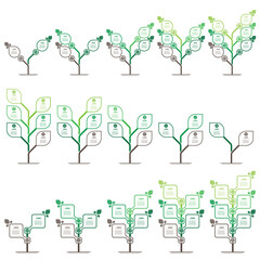 Set of infographics or timelines with 2, 3, 4, 5 and 6 parts. Development and growth of the green technology in the world. Business presentation with steps or processes. Infographic.
