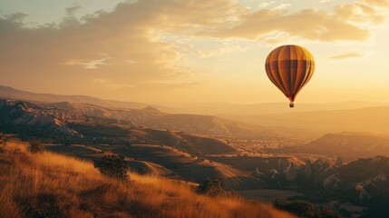  a hot air balloon flying in the sky over a mountain range with a valley in the foreground and a valley in the background with trees and hills in the foreground.