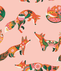Seamless pattern with sweet red foxes and flowers in folk style  - 708923189