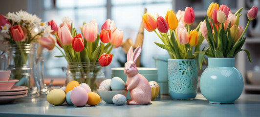 Beautiful Easter background, postcard. Easter bunny, vase with tulips on the background of Scandinavian cuisine. Banner
