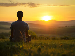 Young man standing on a meadow and looking at the sunset.