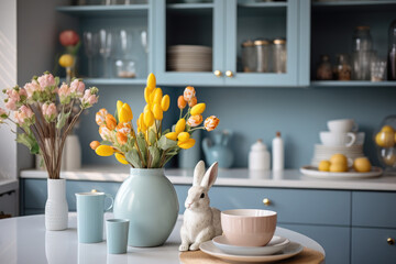 Beautiful Easter background, postcard. Easter eggs, bunny, vase with tulips on the background of Scandinavian cuisine.