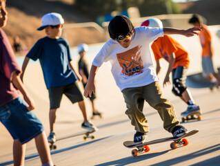Fototapeta premium Skateboarder riding on skateboard in skate park. Children having fun on skatepark.