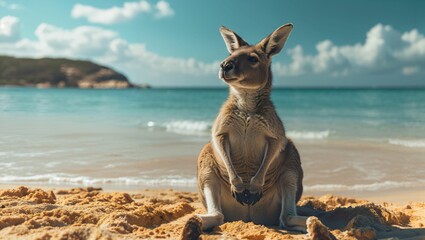 kangaroo sitting on the beach - obrazy, fototapety, plakaty