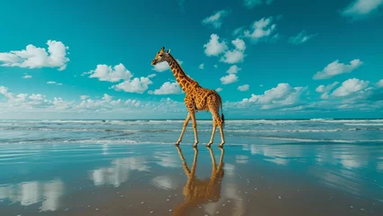 Poster Im Rahmen giraffe walking on the beach © akarawit
