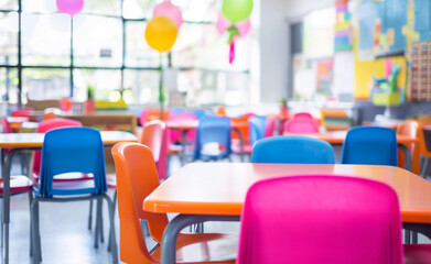 Fototapeta premium Silent Classroom Scene with Deserted Desks and Chairs