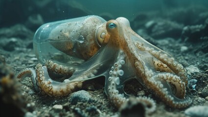The squid is in a clear bottle on the seabed