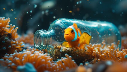 Fototapeta na wymiar Fish is in a clear bottle on the seabed