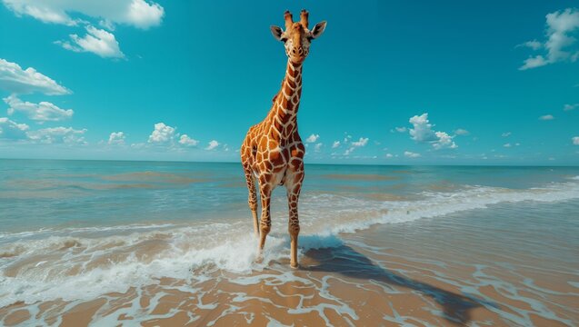 giraffe walking on the beach