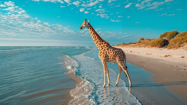 giraffe walking on the beach
