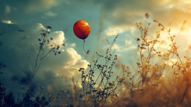  a red balloon floating in the air above a field of tall grass and wildflowers under a cloudy blue sky with sunbeams and white clouds in the foreground.