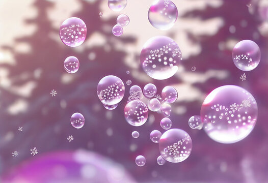  Buntch of snowflakes floating in the air with bubbles on them and blurry background of pink and purple.