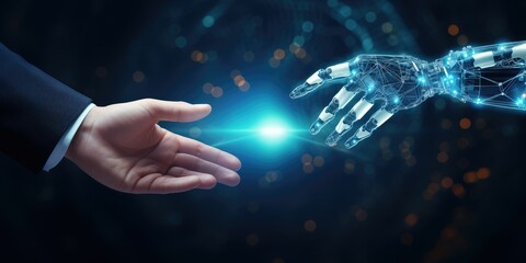 Artificial Intelligence (AI) in industry concept. AI technology adoption. Digital and technology transformation in business and industry. 3D rendering AI robot and human hand on digital background