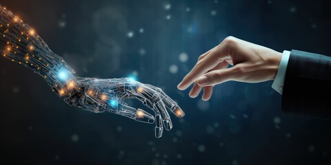 Artificial Intelligence (AI) in industry concept. AI technology adoption. Digital and technology transformation in business and industry. 3D rendering AI robot and human hand on digital background