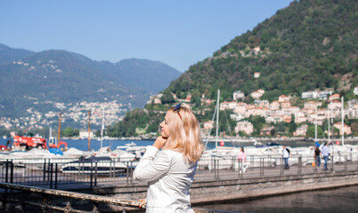 Vacation in Italy. Concept of tourism and holidays. Woman in landscape scene