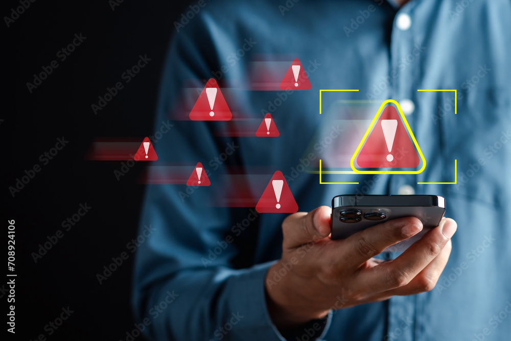 Fototapete System warning error popup and maintenance showing. cyber attack on online network error system. Cybersecurity vulnerability, data breach, illegal connection, compromised information...