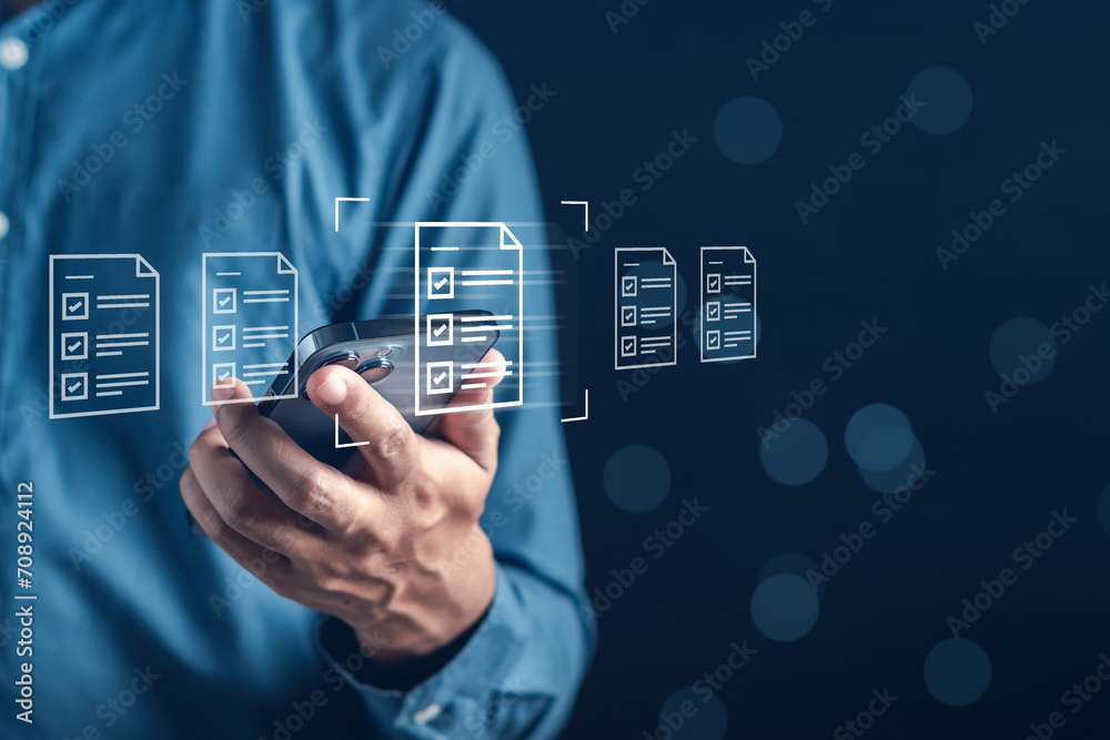 Aufkleber Online survey filling out and digital form checklist by laptop computer, Document Management Checking System, online documentation database and process manage files...