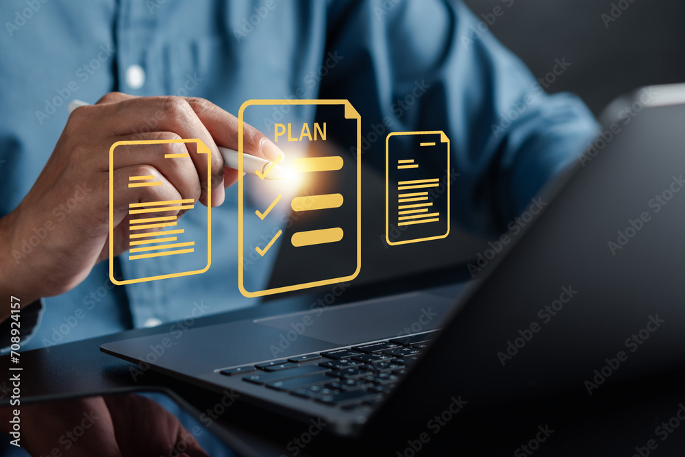 Aufkleber Planning task and Online survey filling out digital form checklist by laptop computer, Document Management Checking System, online documentation database and process manage files.