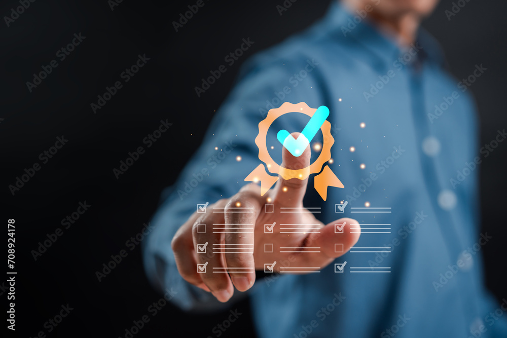 Aufkleber Quality Certificate and Checklist and analyst target marketing planning assignment with quality management. Standardization, certification. Compliance to regulations service and standards.
