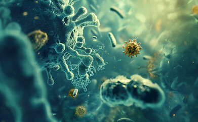 Fototapeta na wymiar Abstract background with a macro shot of various microbes including virus cells and bacteria,