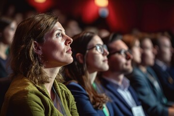 Candid shot of engaged conference attendees attentively listening to captivating speaker, Generative AI