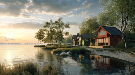 Fototapeta premium a house on the shore of a lake with swans swimming in the water and trees in the foreground, and the sun setting in the background, with clouds in the foreground.