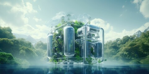 Clean hydrogen energy concept. Environment, eco friendly industry and alternative energy. futuristic technology for make sustainable envriormental by using artificial intelligence to reduce emission - obrazy, fototapety, plakaty