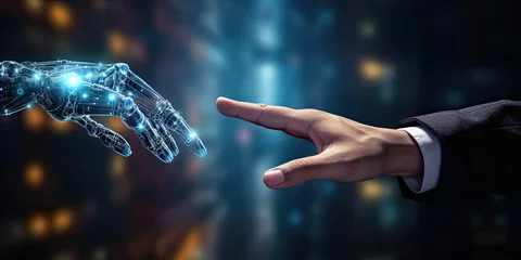 Fotobehang Digital and business transformation, fastest growing. Using automation to increase productivity. Robot and human hands touching on data augmented mixed virtual reality integrate ai for management © PNG City