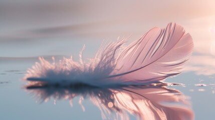  a pink feather floating on top of a body of water next to a light blue body of water with a reflection of the feather on the surface of the water.