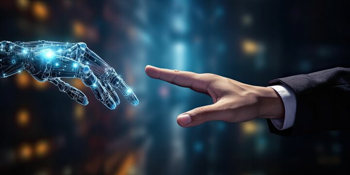 Digital and business transformation, fastest growing. Using automation to increase productivity. Robot and human hands touching on data augmented mixed virtual reality integrate ai for management
