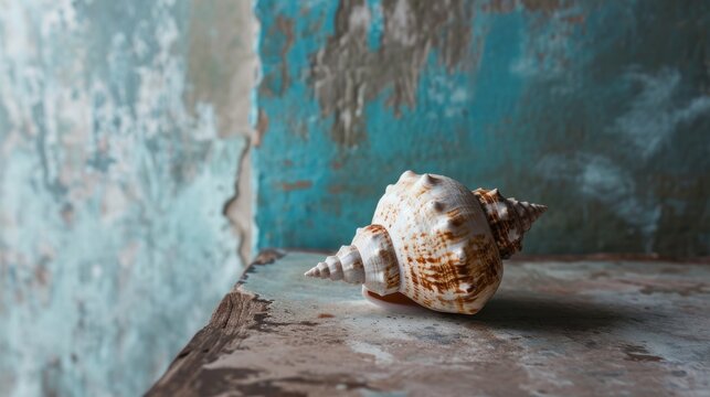  a close up of a sea shell on a ledge in front of a blue and green wall with a peeling paint peeling off the side of the wall behind it.