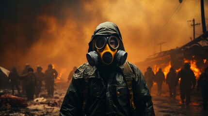 In a toxic smoke-filled environment, a gas mask-wearing man proudly holds a flag with a biohazard symbol. - obrazy, fototapety, plakaty