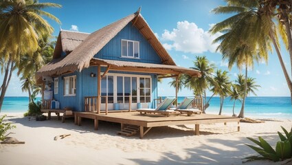 photo of a view of a cottage on the beach with white sand and a beautiful blue sea made by AI generative