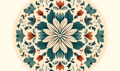 Circular flower plant pattern carpet design image, color line silhouette, flat vector source file, top view, UHD, high detail, best quality, 16K, high quality. Generative Ai

