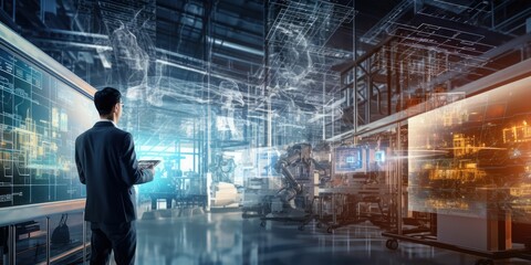 Futuristic Technology in smart automation industrial high efficiency using ai artificial intelligence, machine learning, digital twin, 5g, big data, iot, augmented mixed virtual rality, ar, vr,robot