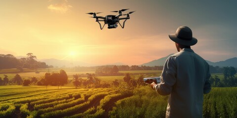 Futuristic technology trend in smart farm agriculture concept. Farmer use ai drone to monitor prediction forecast check the health of plant field - obrazy, fototapety, plakaty