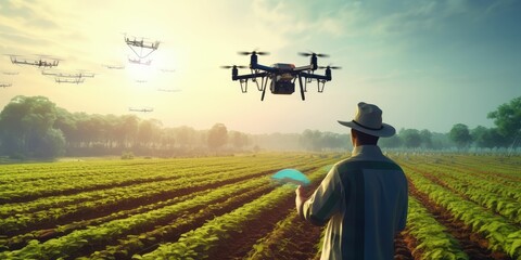 Futuristic technology trend in smart farm agriculture concept. Farmer use ai drone to monitor prediction forecast check the health of plant field - obrazy, fototapety, plakaty