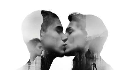 Double exposure profile portrait of a man and a woman kissing, adorned with photographs and memories. Poster, collage, art. © Roxy jr.