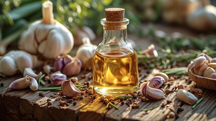Obraz na płótnie Canvas Glass bottle with garlic oil, Garlic on a wooden table on a natural background of a garlic garden. Generative AI.