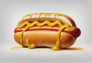 Big hotdog with mustard on white background.
