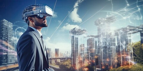 metaverse futuristci industry innovation technology concept, engineer using artificial intelligence with virtual mixed augmented reality glasses in digtial environmental with sustainability energy - obrazy, fototapety, plakaty